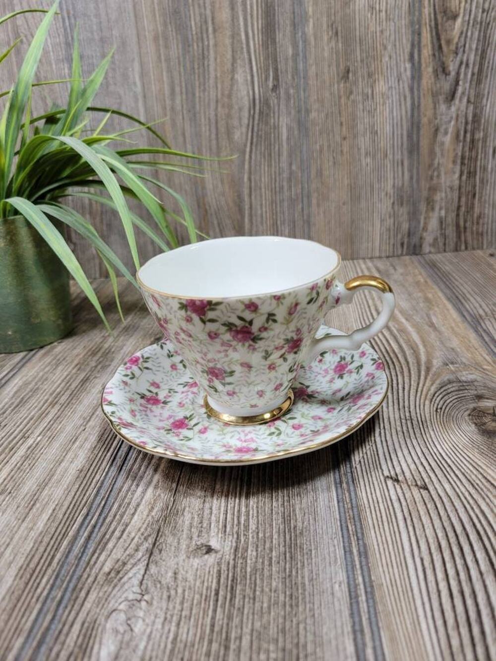 Vintage Lefton China Teacup & Saucer Pink Rose Chintz Floral Gold Trim Japan